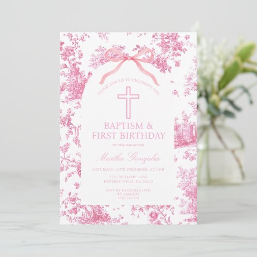 Pink Toile de Jouy Baptism & First Birthday Bow  Einladung (Stehend Vorderseite)