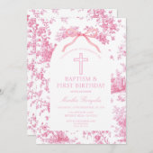 Pink Toile de Jouy Baptism & First Birthday Bow Einladung (Vorne/Hinten)