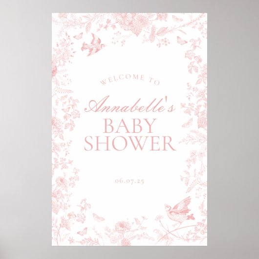 Pink Toile De Jouy Floral Baby Dusche Begrüßungsze Poster (Vorne)