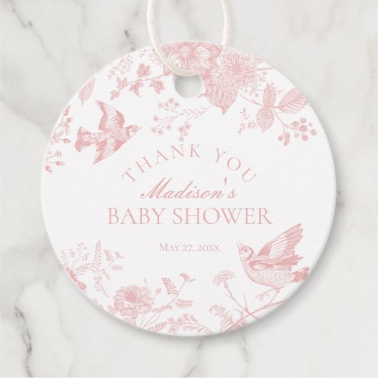 Pink Toile De Jouy Floral Baby Dusche Gefallen Geschenkanhänger (Vorderseite)