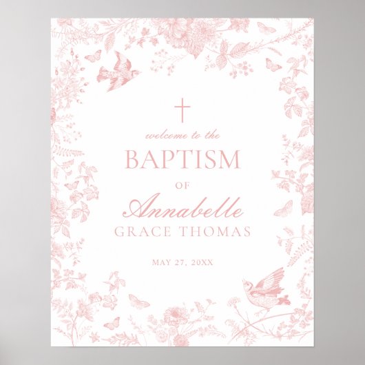 Pink Toile De Jouy Floral Taufe Begrüßungszeichen Poster (Vorne)