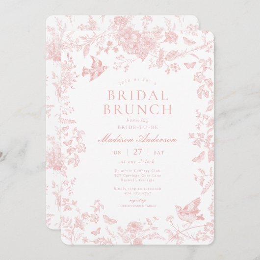 Pink Toile De Jouy French Floral Bridal Brunch Einladung (Vorne/Hinten)