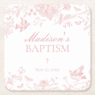 Pink Toile De Jouy Vintage Blumentaufe Rechteckiger Pappuntersetzer