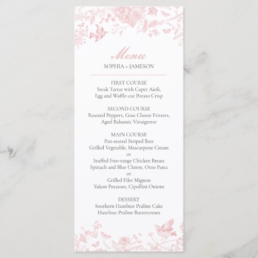 Pink Toile de Jouy Wedding Menu Menükarte (Vorderseite)
