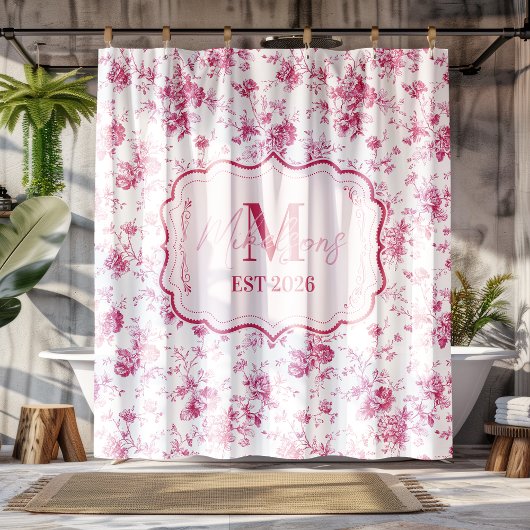Pink Toile Floral Monogram Duschvorhang