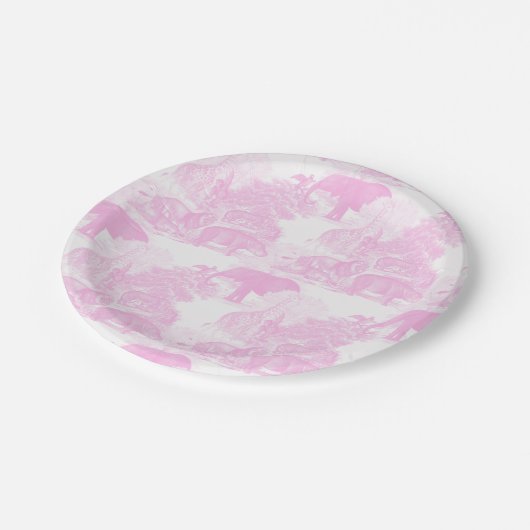 Pink Toile Jungle Animes Safari Chinoiserie Pappteller (Schrägansicht)