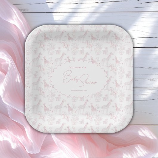 Pink Toile Safari Vintage Baby Shower Pappteller