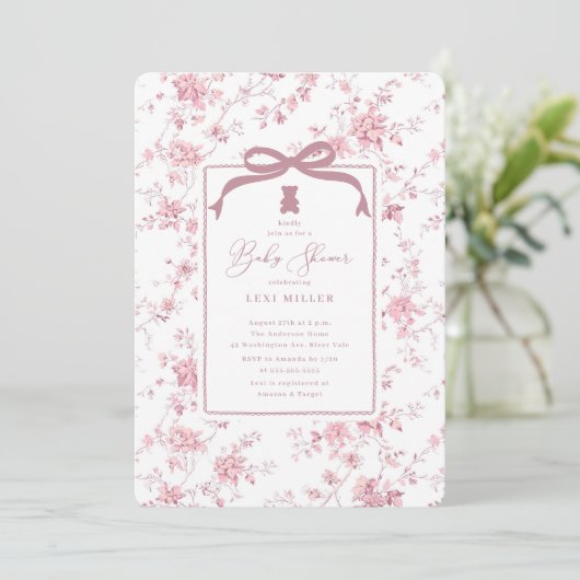 Pink Toile Teddy Bear Babydusche Einladung (Stehend Vorderseite)
