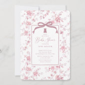 Pink Toile Teddy Bear Babydusche Einladung (Vorderseite)