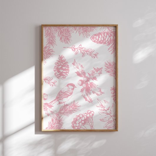 Pink Toile Weihnachtsbird und Pine Poster