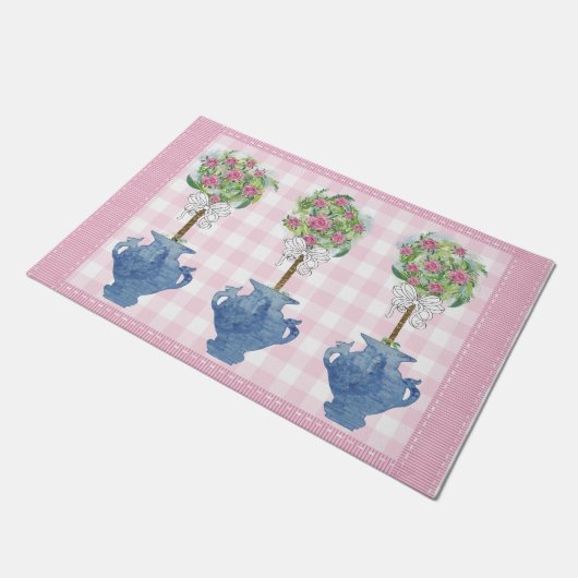 Pink Topiary Blue Rose Ginger Jar Doormat Rug Fußmatte (Schrägansicht)