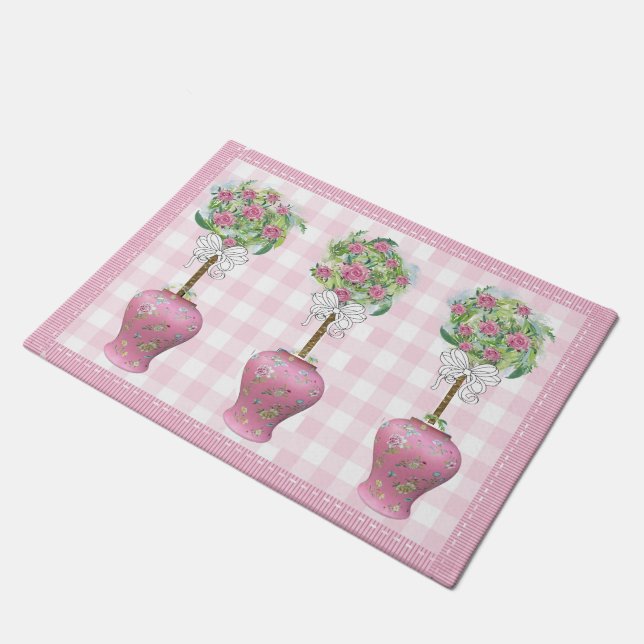 Pink Topiary Rose Ginger Jar Doormat Rug Fußmatte (Schrägansicht)
