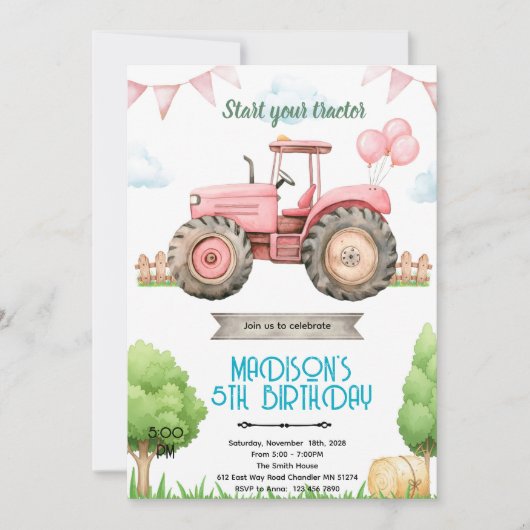 Pink tractor birthday party invitation einladung (Vorderseite)
