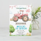 Pink tractor birthday party invitation einladung (Stehend Vorderseite)