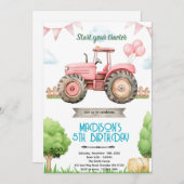 Pink tractor birthday party invitation einladung (Vorne/Hinten)