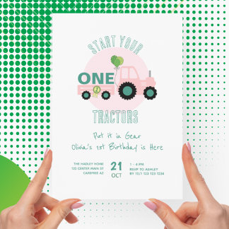 Pink Tractor Farm Girl 1. Geburtstag Einladung