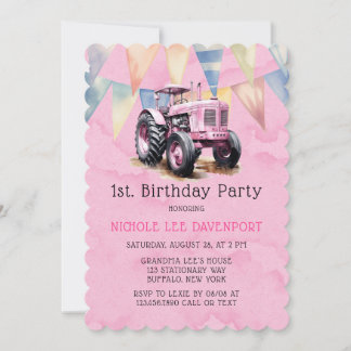 Pink Tractor Flag Girl 1. Geburtstag Party Einladung