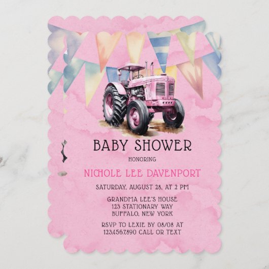 Pink Tractor Flag Wasserfarbe Girl Babydusche Einladung (Vorne/Hinten)