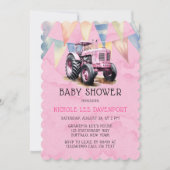 Pink Tractor Flag Wasserfarbe Girl Babydusche Einladung (Vorderseite)