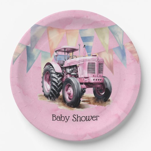 Pink Tractor Flag Wasserfarbe Girl Babydusche Pappteller (Vorderseite)