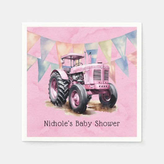 Pink Tractor Flag Wasserfarbe Girl Babydusche Serviette (Vorderseite)