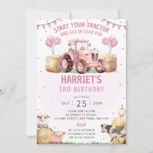 Pink Tractor Geburtstagsparty Einladung Farm Thema
