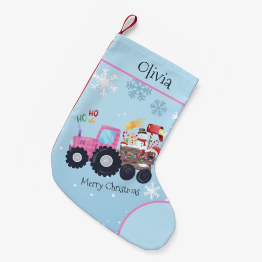 Pink Tractor Merry Weihnachtsname Kleiner Weihnachtsstrumpf (Vorderansicht (hängend))