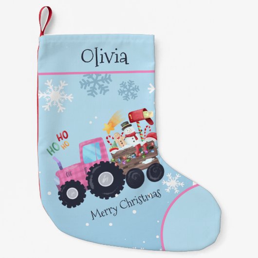 Pink Tractor Merry Weihnachtsname Kleiner Weihnachtsstrumpf (Vorderseite)