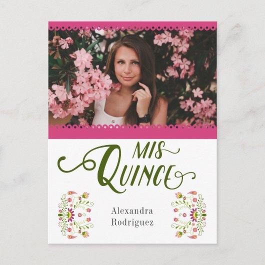 Pink Traditionelles mexikanisches Foto Quinceanera Einladungspostkarte (Vorderseite)