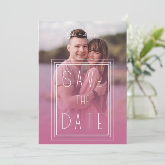 Pink Transparency Effect 2 Photos Engagement Save The Date (Stehend Vorderseite)