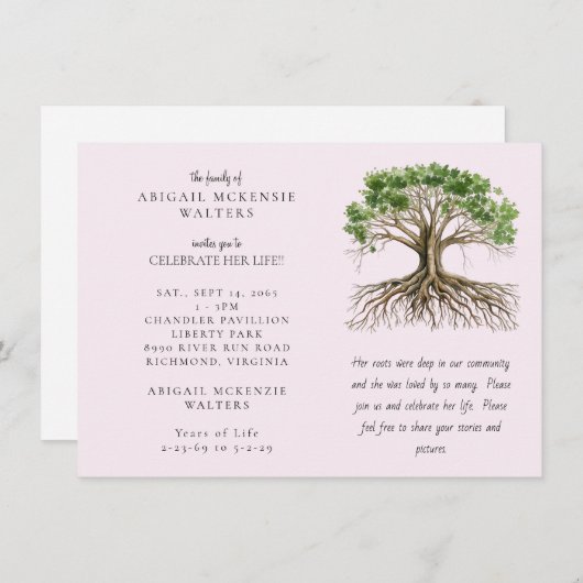 Pink Tree of Life Deep Roots Celebration of LIfe Einladung (Vorne/Hinten)