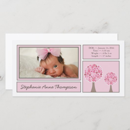 Pink Trees Baby Girl Geburtsankündigung Fotokarte Ankündigung (Vorne/Hinten)
