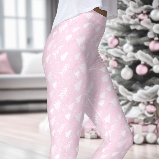 Pink Trees Winter Christmas Leggings