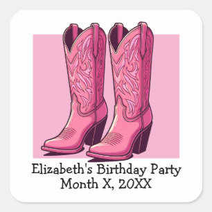 Pink Trendy Cowgirl Boots Girl Birthday Party Quadratischer Aufkleber