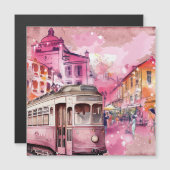 Pink Trolly Car Cityscape Illustration Magnetkarte (Vorne/Hinten)