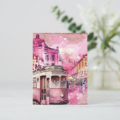 Pink Trolly Car Cityscape Illustration Postkarte (Stehend Vorderseite)