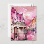 Pink Trolly Car Cityscape Illustration Postkarte (Vorne/Hinten)