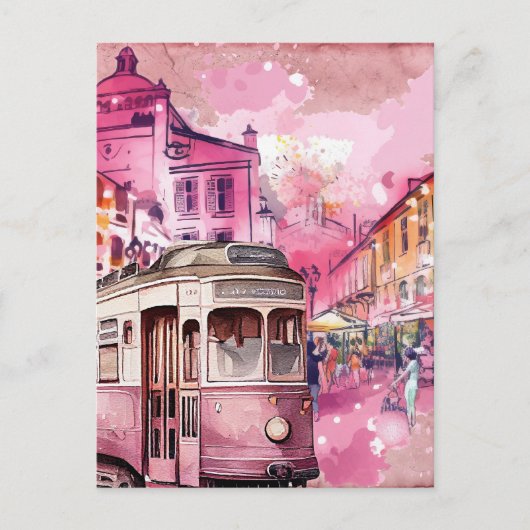 Pink Trolly Car Cityscape Illustration Postkarte (Vorderseite)