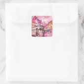 Pink Trolly Car Cityscape Illustration Quadratischer Aufkleber (Tasche)