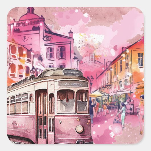 Pink Trolly Car Cityscape Illustration Quadratischer Aufkleber (Vorderseite)