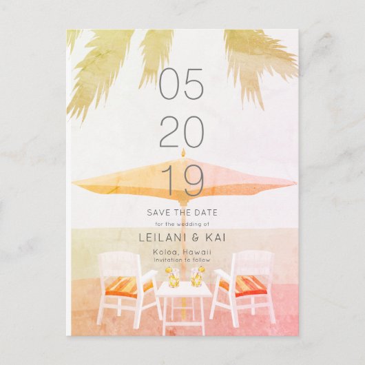 Pink Tropical Beach Stühle Save the Date Postkarte (Vorderseite)