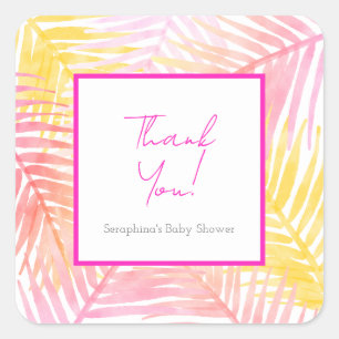 Pink Tropical Blätter Hawaiian Baby Shower Quadratischer Aufkleber