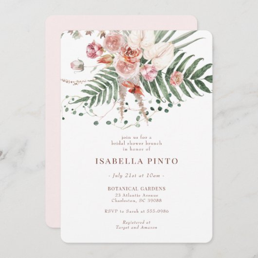 Pink Tropical Boho Floral Brautparty Einladung (Vorne/Hinten)