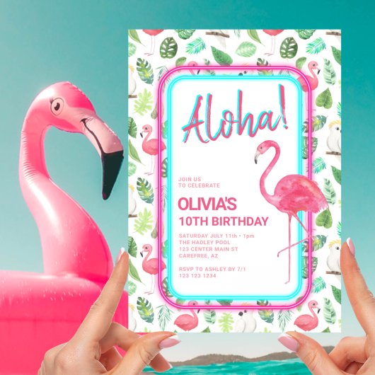Pink Tropical Flamingo Aloha Geburtstag Einladung
