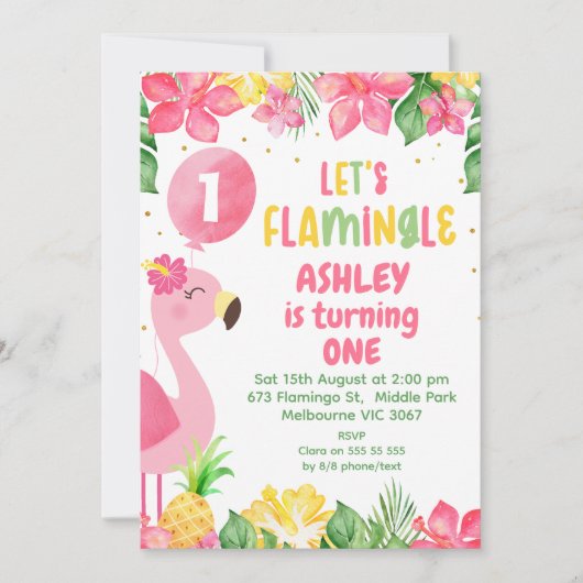Pink Tropical Flamingo Lasse Flamingle 1. Geburtst Einladung (Vorderseite)