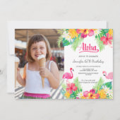 Pink | Tropical Flamingo Luau Foto Geburtstag Einladung (Vorderseite)