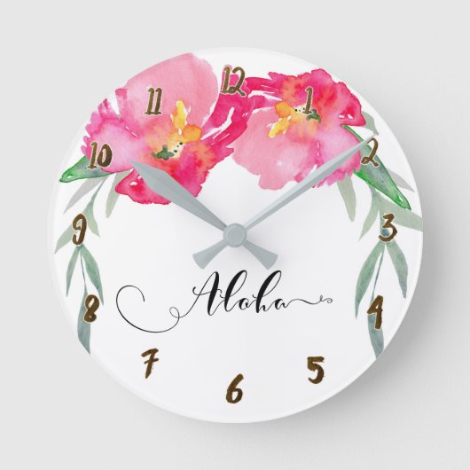 Pink Tropical Floral Flowers Aloha Chic Runde Wanduhr (Vorderseite)
