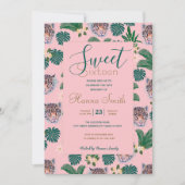 Pink Tropical Floral Foliage and Leopard Faces Einladung (Vorderseite)