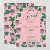 Pink Tropical Floral Foliage and Leopard Faces Einladung (Vorne/Hinten)