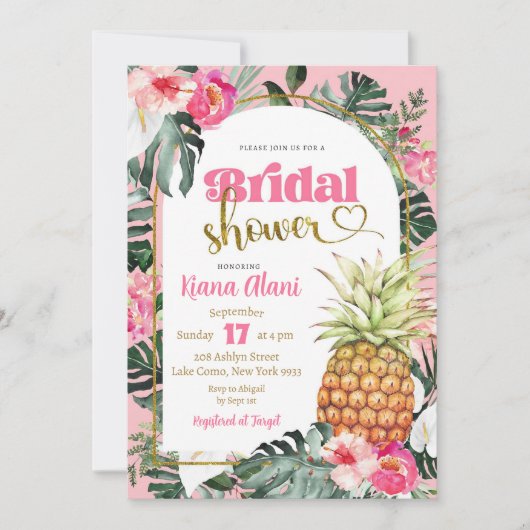 Pink Tropical Floral Pineapa Brautparty Einladung (Vorderseite)